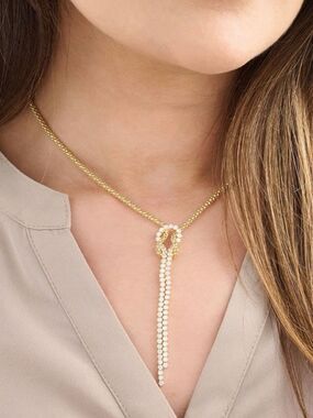 Diamonique Italia Gold/CZ Diamonds Popcorn Chain Scarf Necklace NIB 18K Sterling